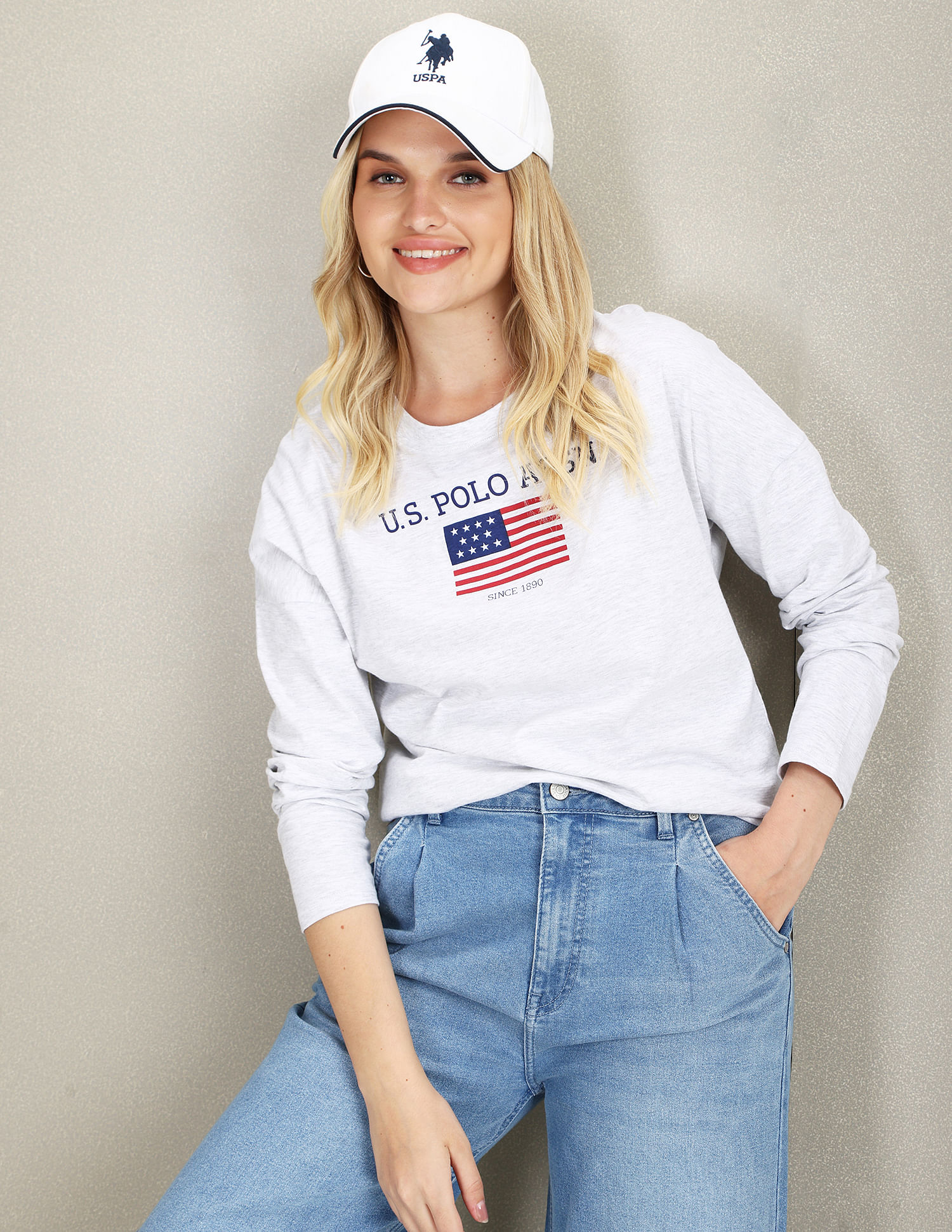 U.S. Polo Assn. Women Long Sleeve Flag Print Heathered T-Shirt