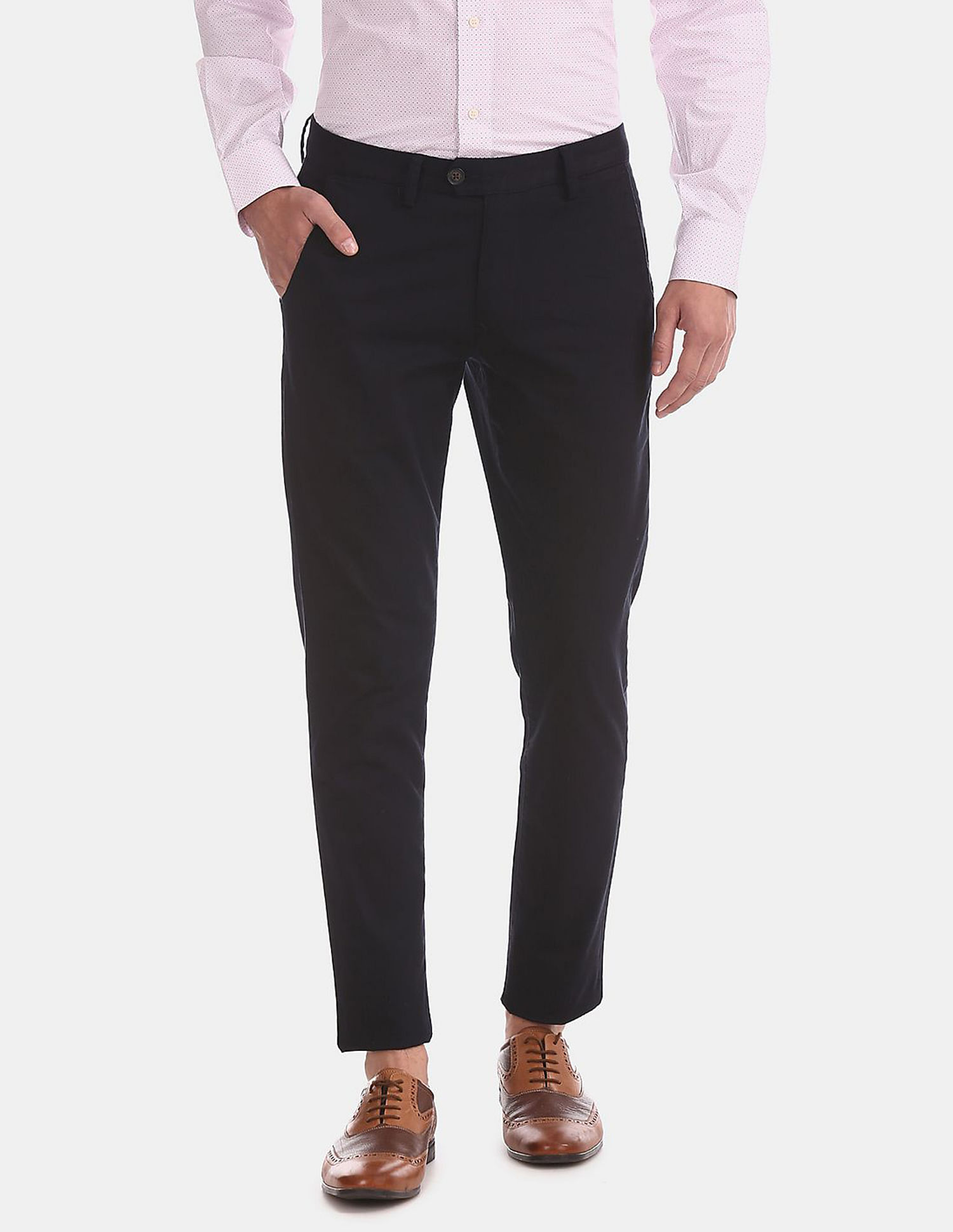 Men Blue Solid Cotton Stretch Smart Casual Trousers  Amazonin Fashion