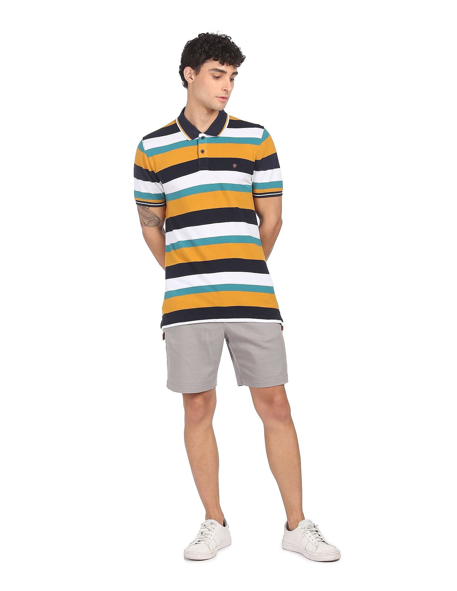 AD by Arvind Cotton Horizontal Striped Polo Shirt