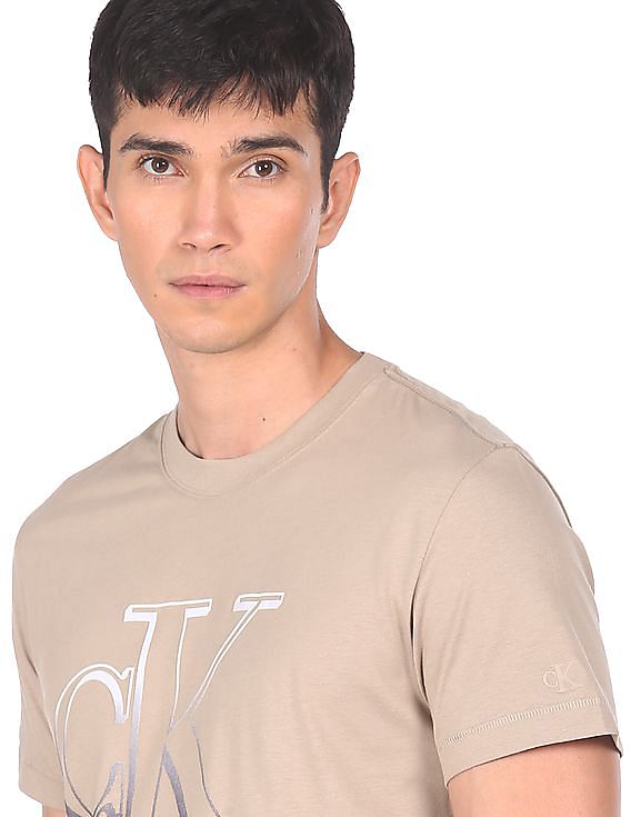Calvin Klein Men Light Brown Degrade Monogram Logo Chest T-Shirt