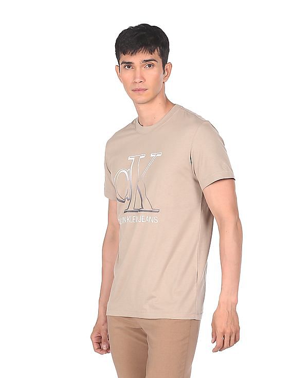 Calvin Klein Men Light Brown Degrade Monogram Logo Chest T-Shirt