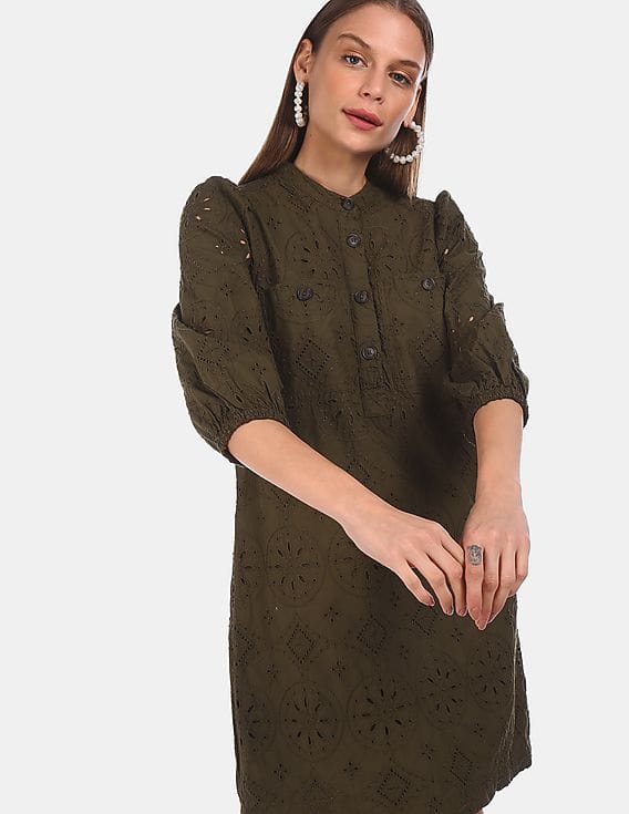 Buy GAP Women Olive Mandarin Collar Eyelet Embroidered Dress - NNNOW.com