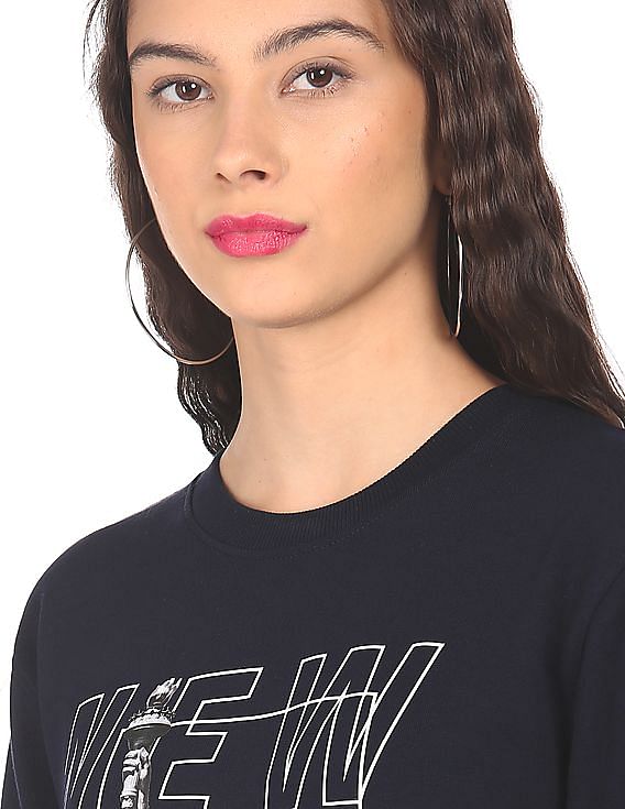 Aeropostale Women Navy Crew Neck Brand Print Sweatshirt