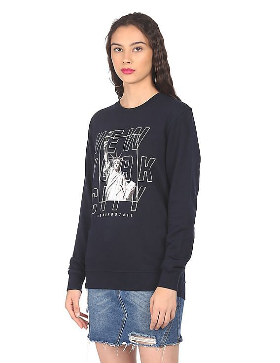 Aeropostale Women Navy Crew Neck Brand Print Sweatshirt