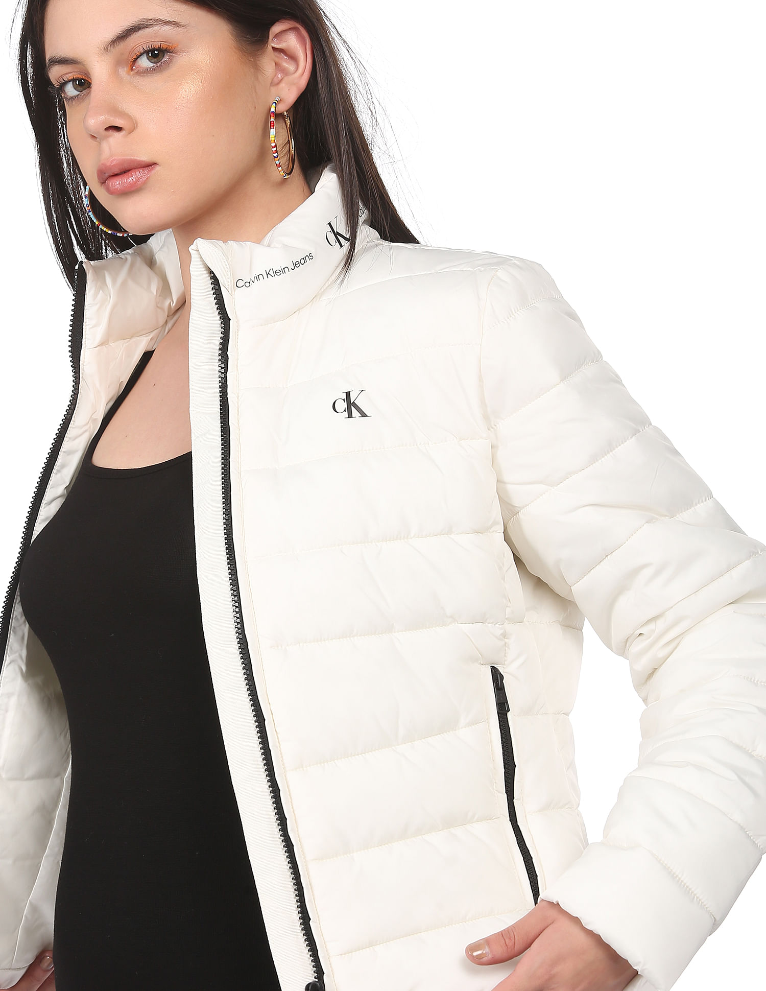 Buy Calvin Klein Jeans Women Off White Repeat Logo Lightweight Fitted Jacket  