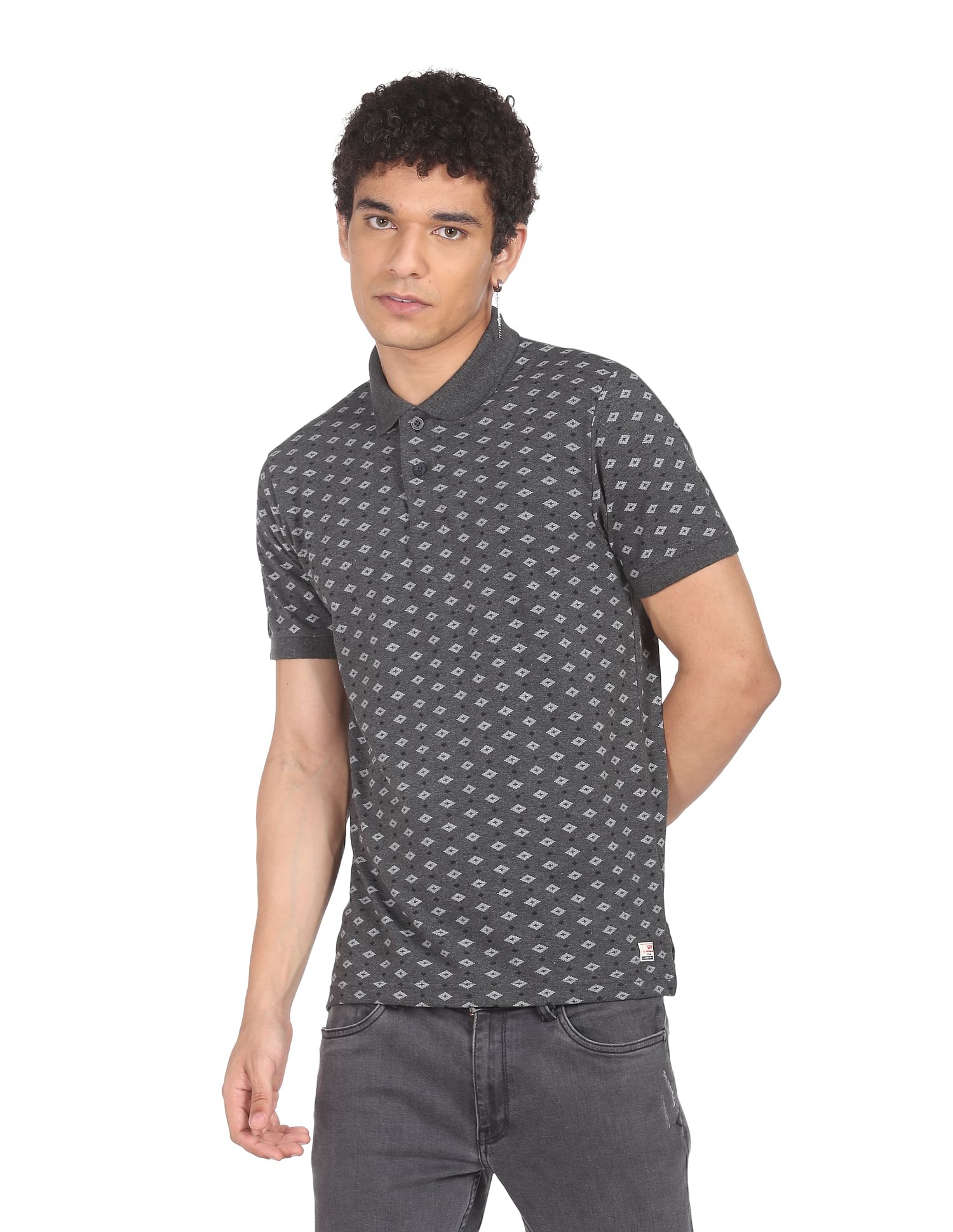 Flying Machine Geometric Print Pique Polo Shirt