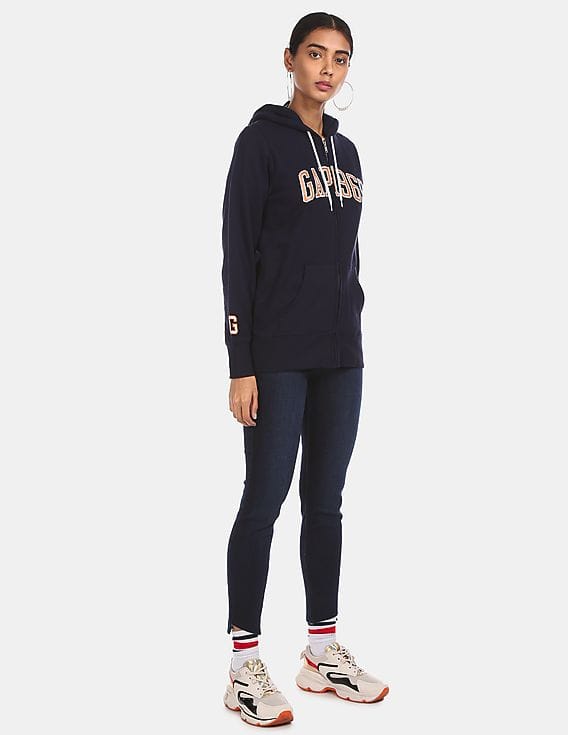 Buy GAP Women Navy Zip Up Brand Printed Hood Sweatshirt - NNNOW.com