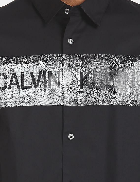 Calvin Klein Men Black Slim Fit Logo Print Casual Shirt