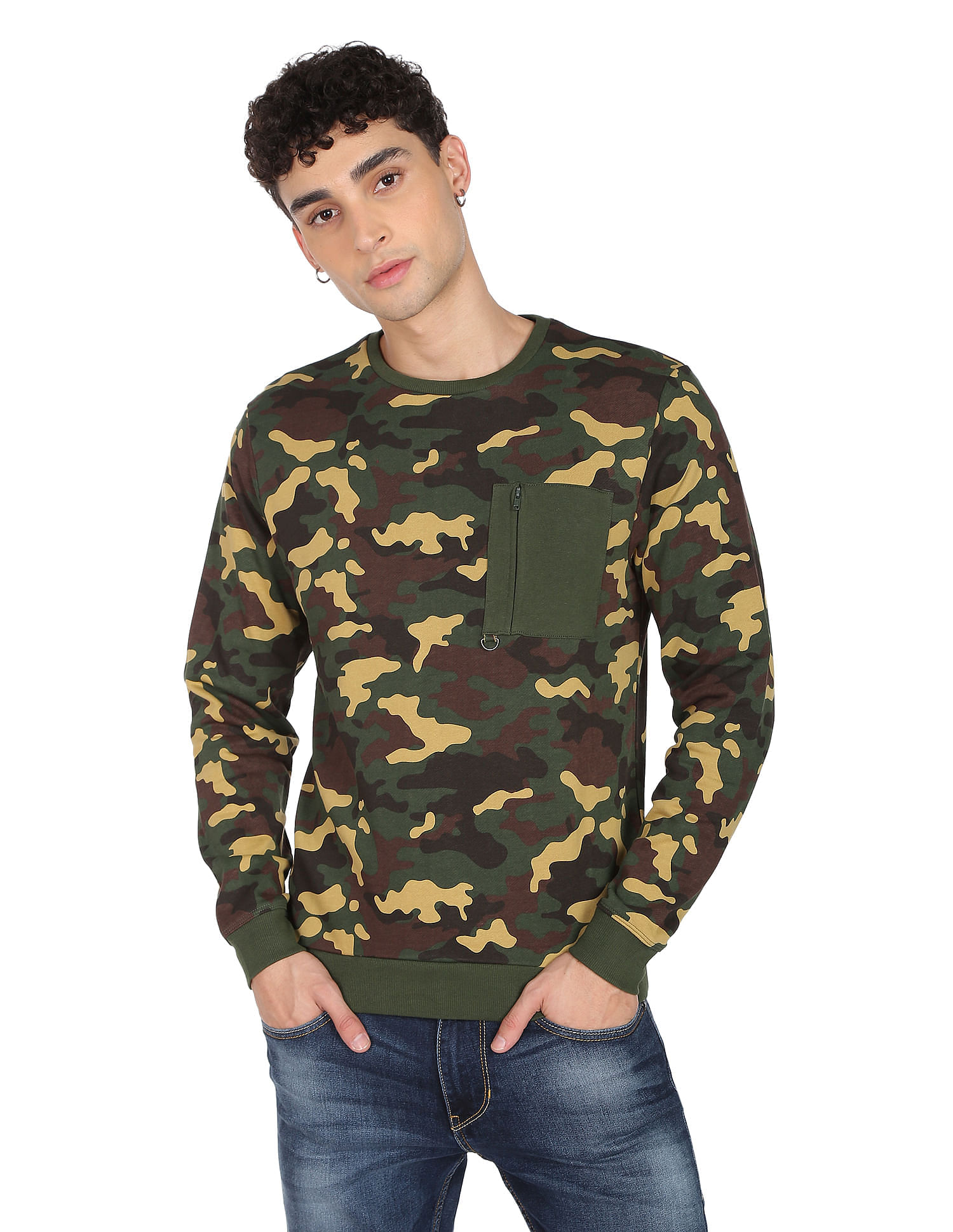 Flying Machine Camouflage Print Cotton Sweatshirt