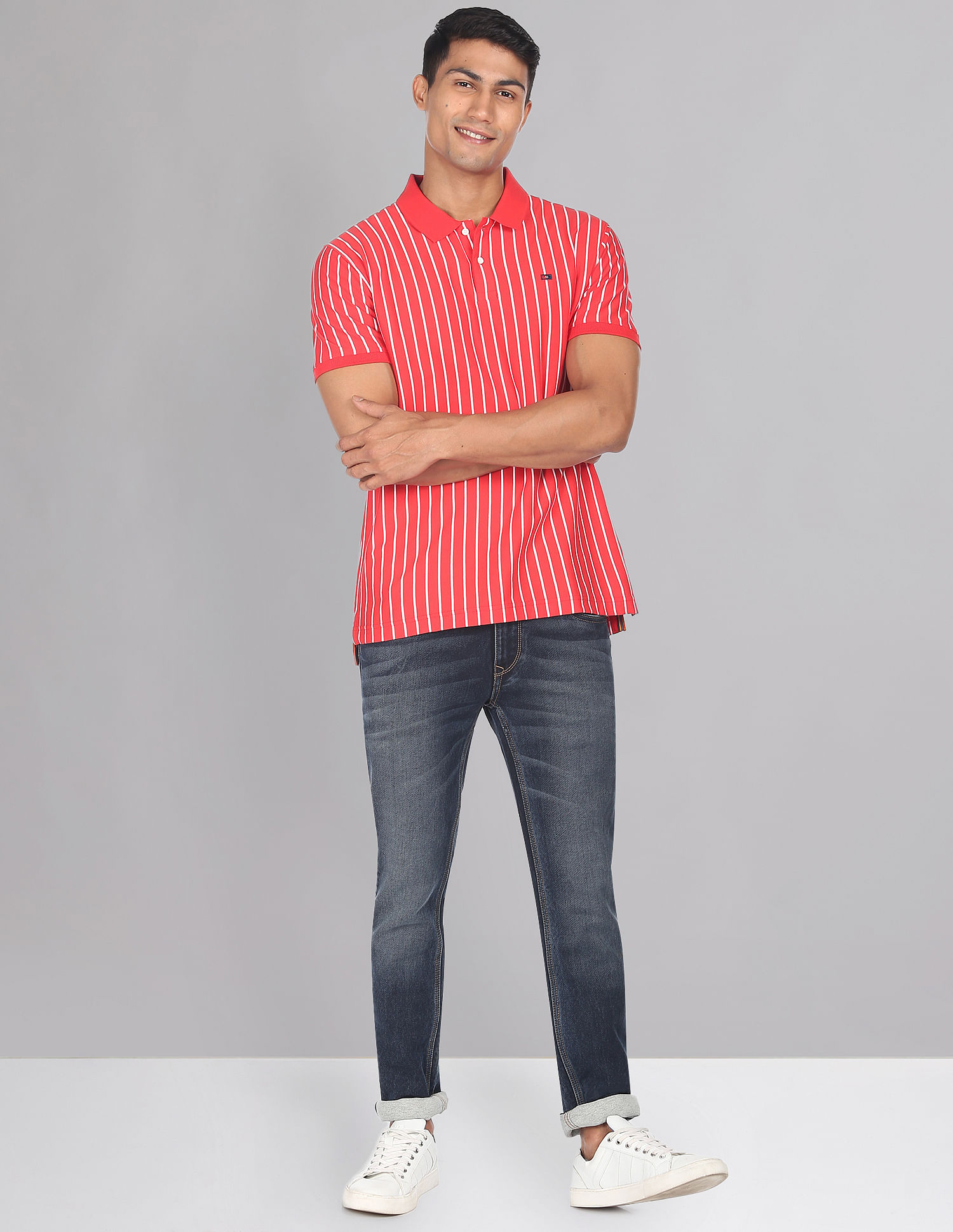 AD by Arvind Vertical Stripe Cotton Polo Shirt