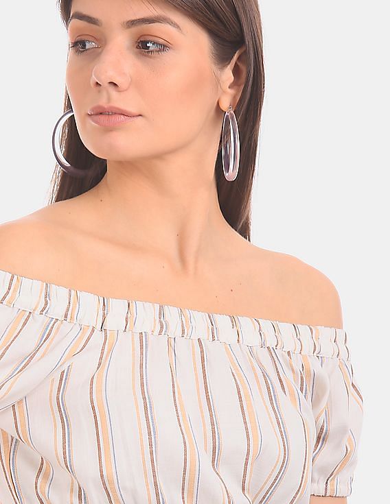 Aeropostale Women Cream Striped Off-Shoulder Crop Top
