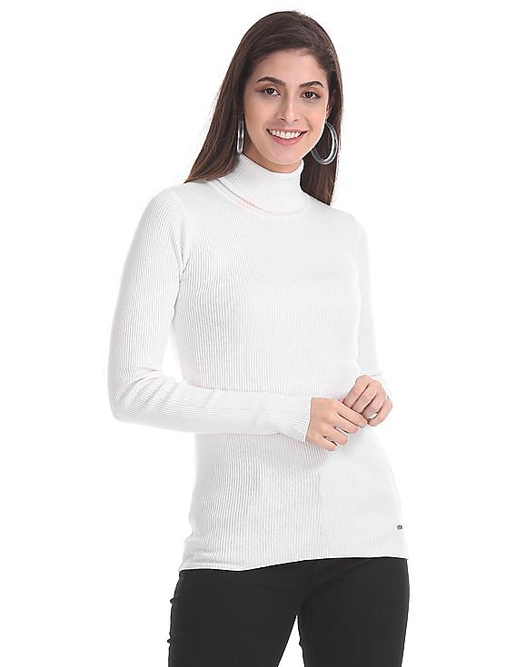 U.S. Polo Assn. Women White Turtleneck Rib Knit Top