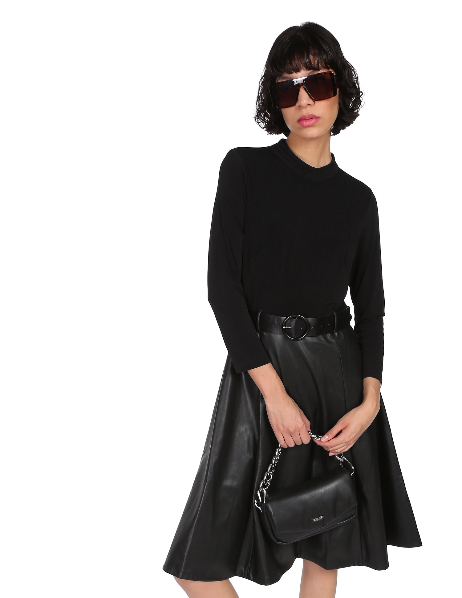Buy Calvin Klein Women Black Round Neck Panelled Belted Dress 