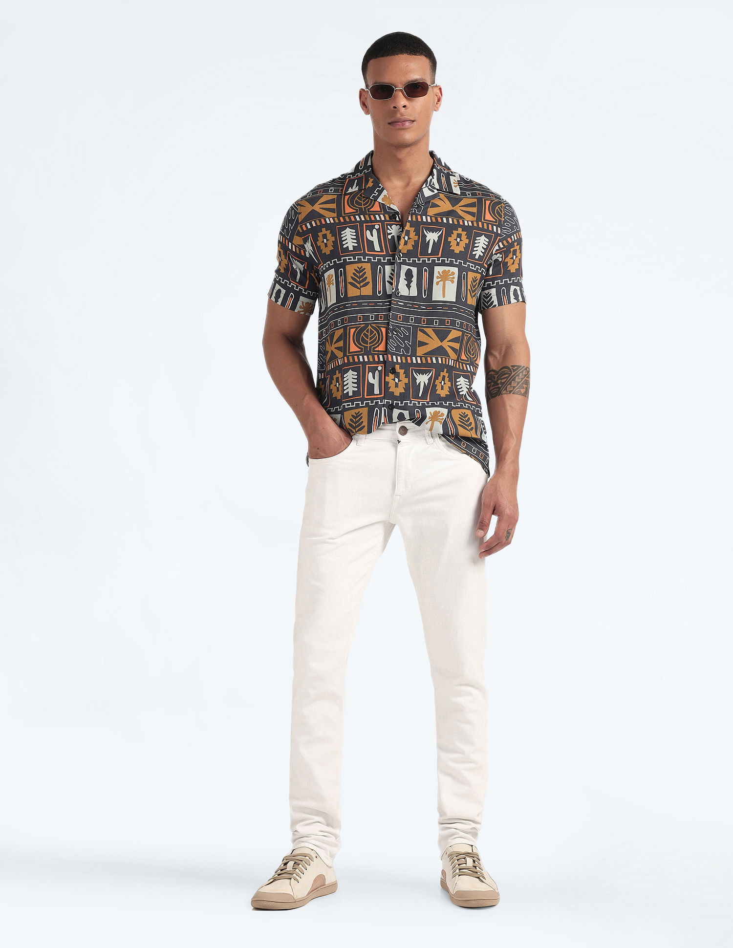 Flying Machine Graphic Print Cuban Collar Shirt