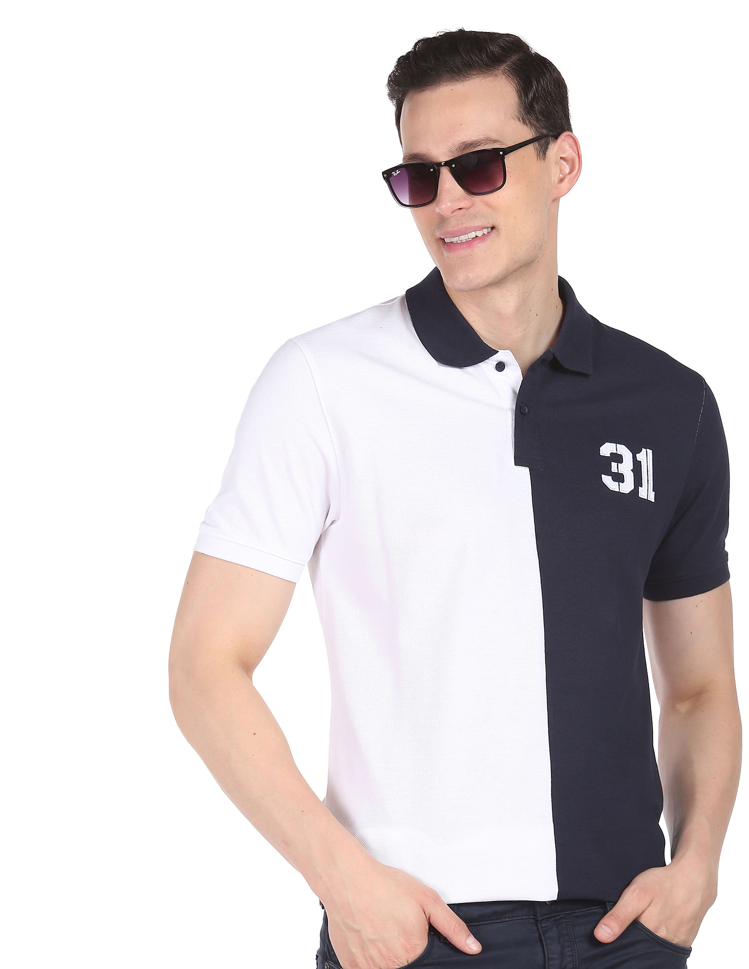 Buy AD by Arvind Men Navy And Yellow Cotton Colour Block Logo Polo Shirt -  NNNOW.com