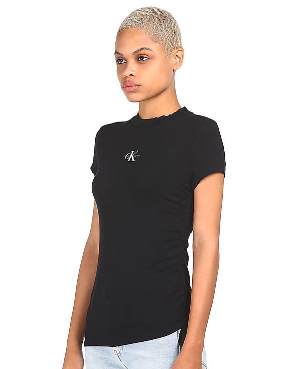 Side Women Drawstring Klein Buy T-Shirt Calvin Ribbed Black Round Neck