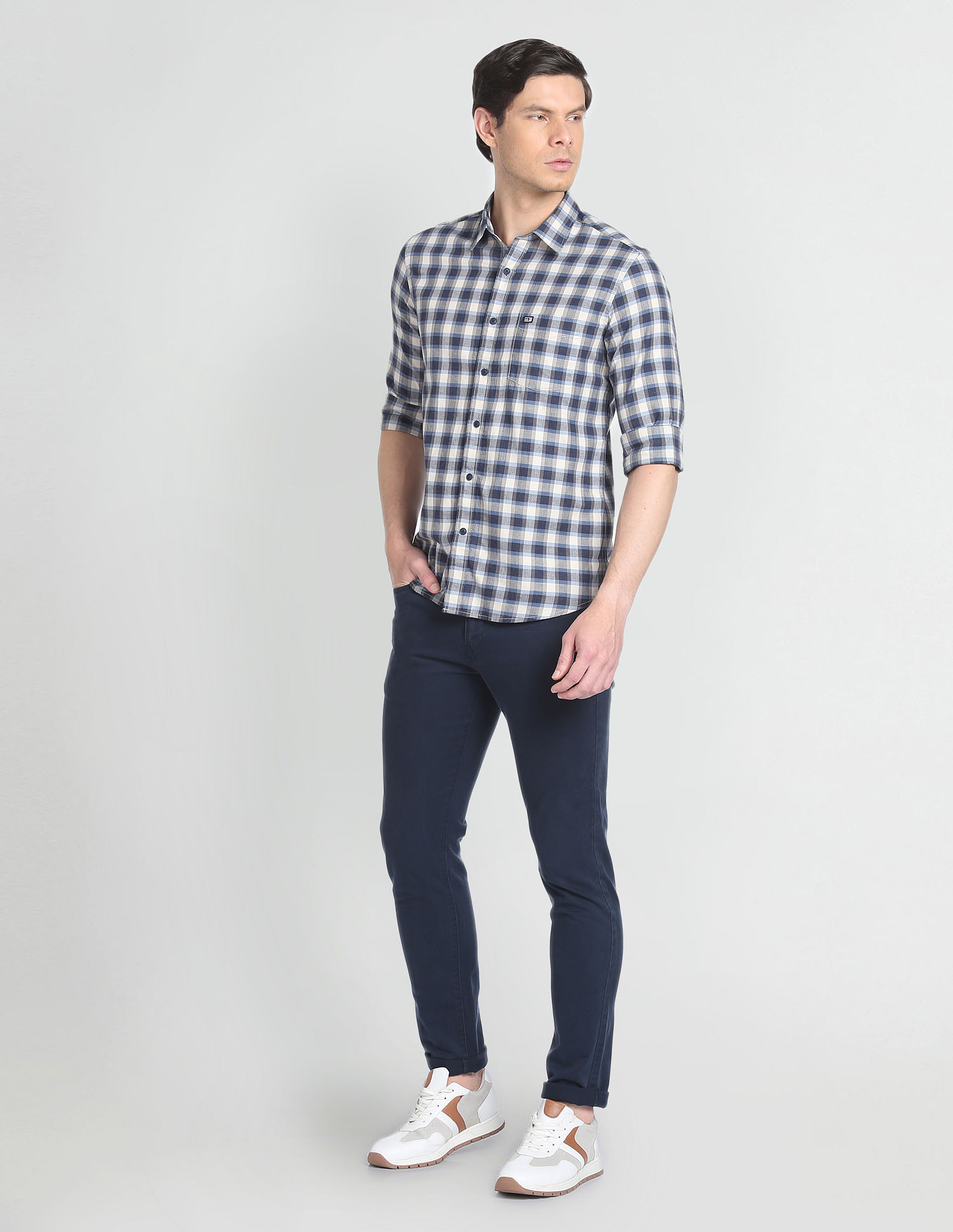 Arrow Sports Plaid Check Herringbone Shirt