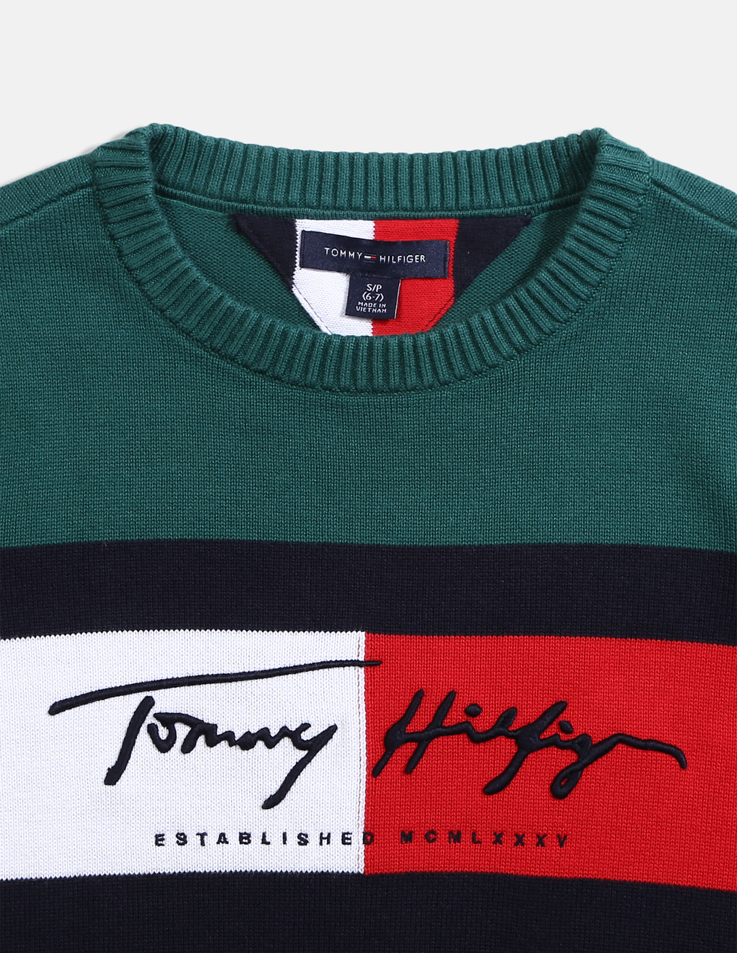 Buy Tommy Hilfiger Sweater Kids Flag Green Colour Block Boys Signature