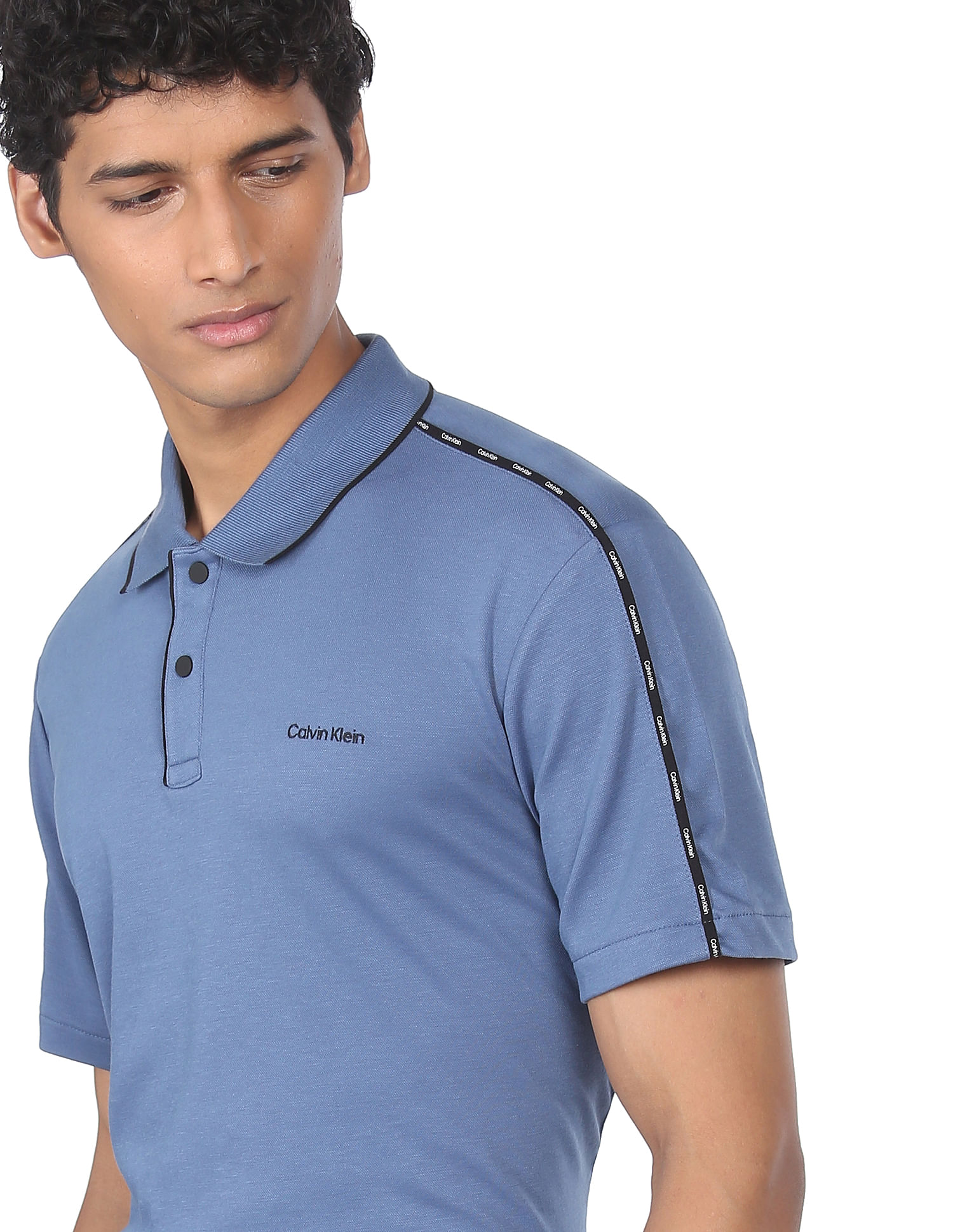 Buy Calvin Klein Men Blue Brand Tape Tipped Collar Polo Shirt 