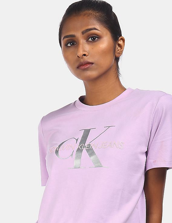 Buy Calvin Klein Women Lavender Round Neck Monogram Print T-Shirt -  