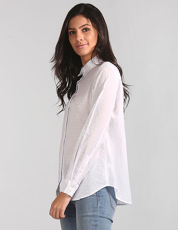 GAP Women White New Fitted Boyfriend Swiss Dot Shirt