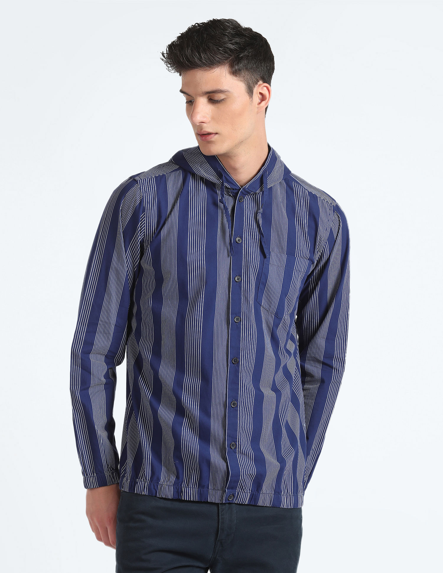 Flying Machine Hooded Vertical Striped Cotton Shirt