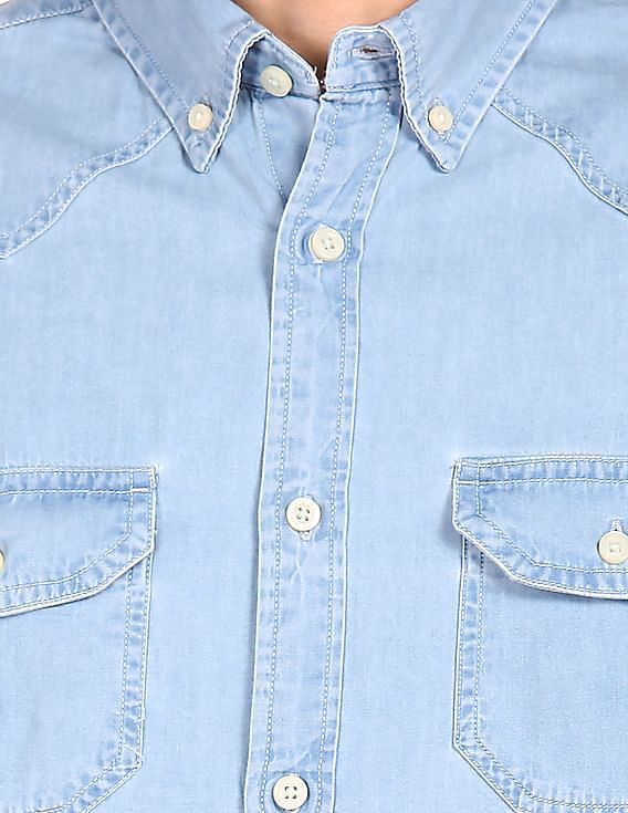 Aeropostale Men Light Blue Cotton Washed Denim Shirt