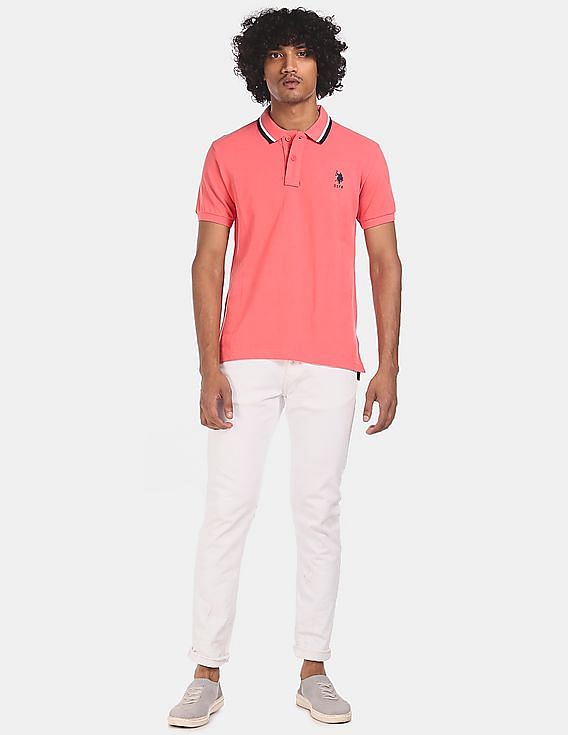 U.S. Polo Assn. Men Pink Tipped Collar Cotton Solid Pique Polo Shirt
