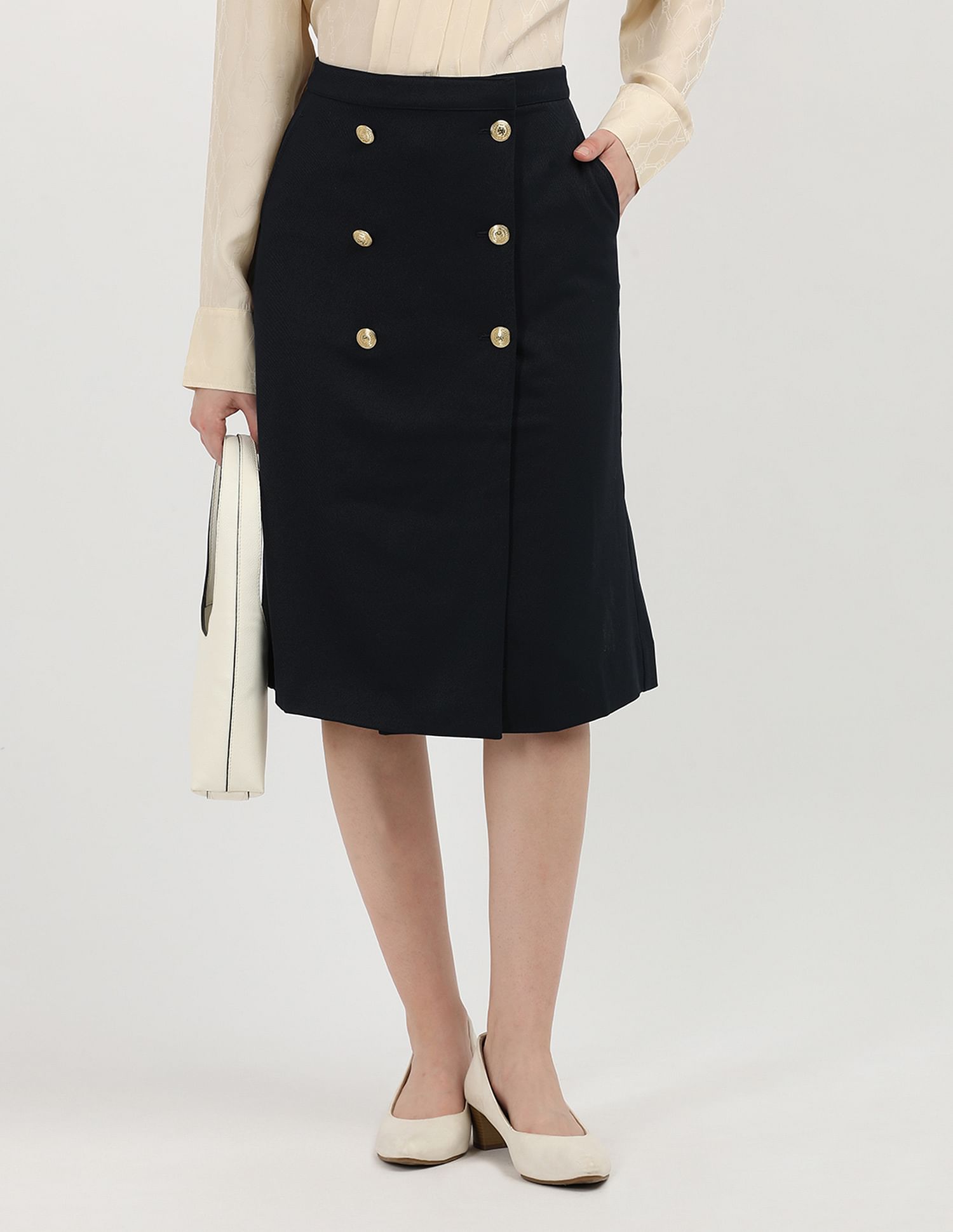 Tommy Hilfiger Gold Button Twill Midi Skirt