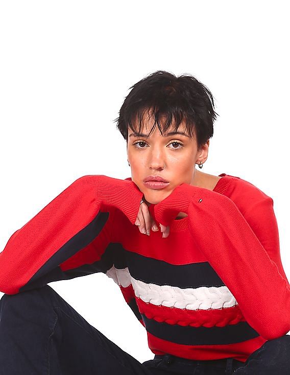 Tommy Hilfiger Women's Stripe Logo Bubble Sweater Red Size XX-Large – Steals