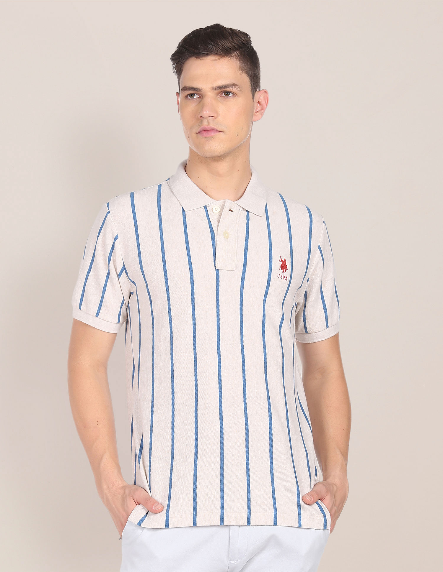 U.S. Polo Assn. Men Off White Cotton Pique Vertical Stripe Polo Shirt