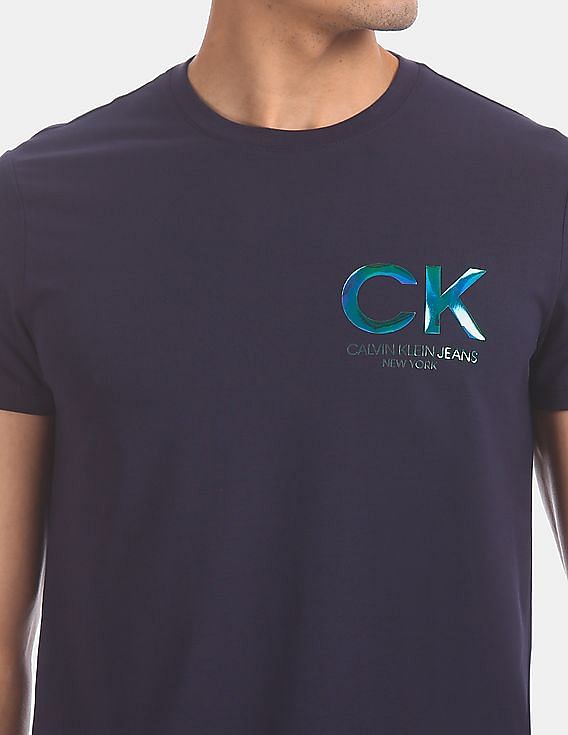 Buy Calvin Klein Men Navy Shiny Chest Logo Crew Neck Cotton