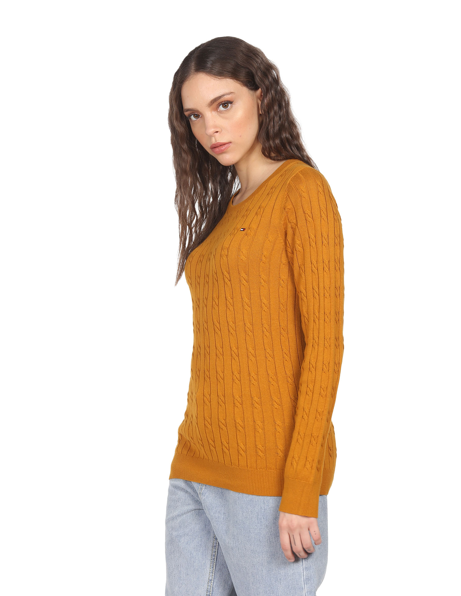 Tommy Hilfiger Women Mustard Jenny Crew Neck Cable Knit Sweater