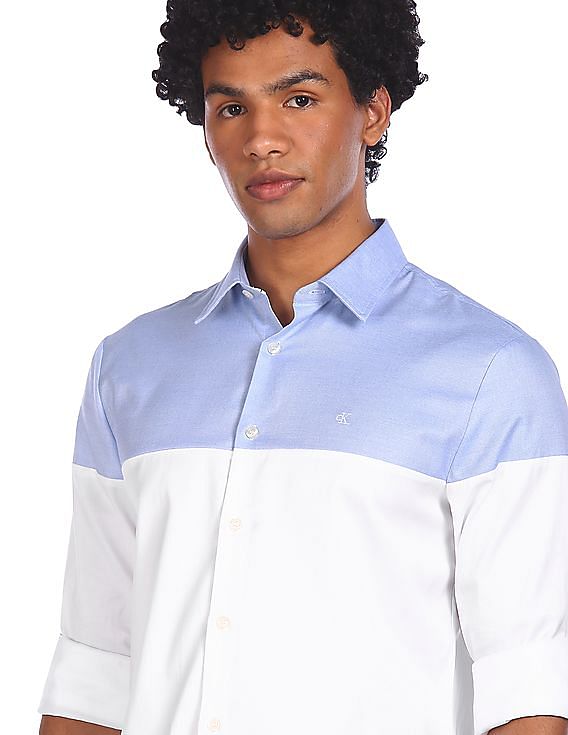 blue cotton color block casual shirt