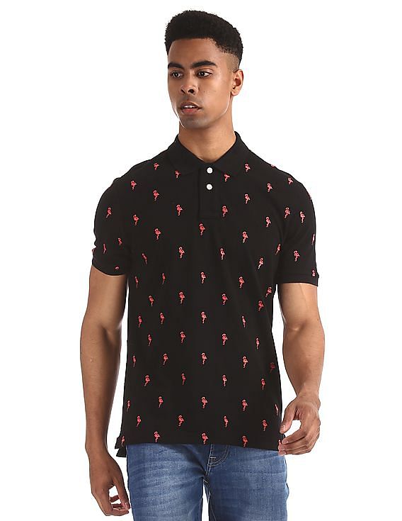 Aeropostale Black Flamingo Embroidered Pique Polo Shirt
