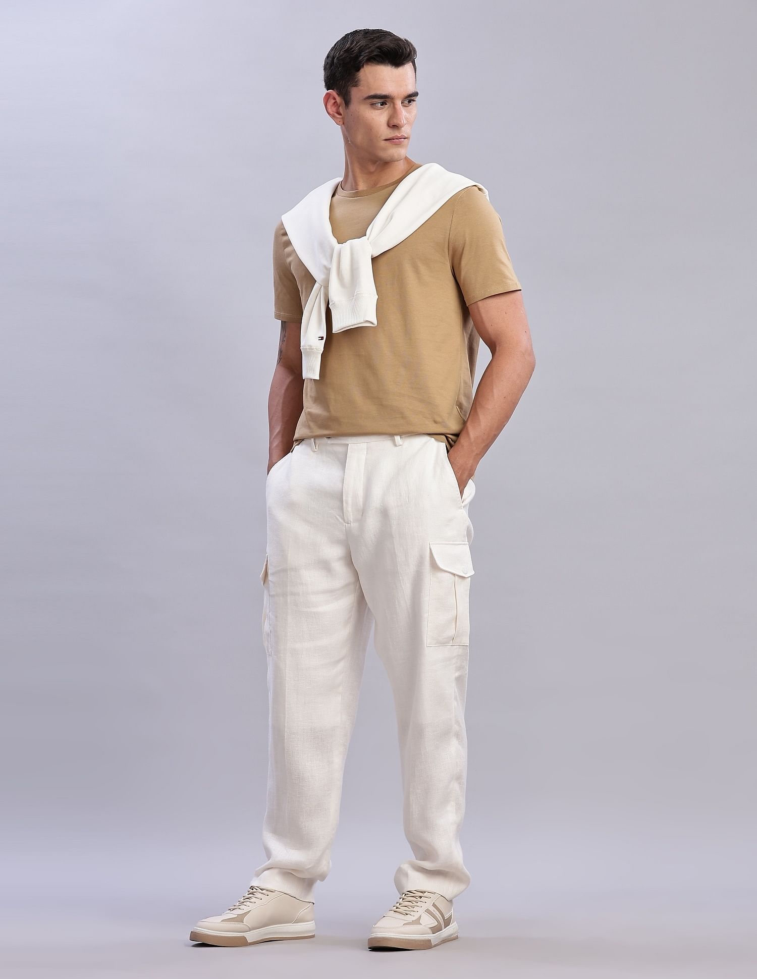 Tommy Hilfiger Mens Beige Solid T-Shirt
