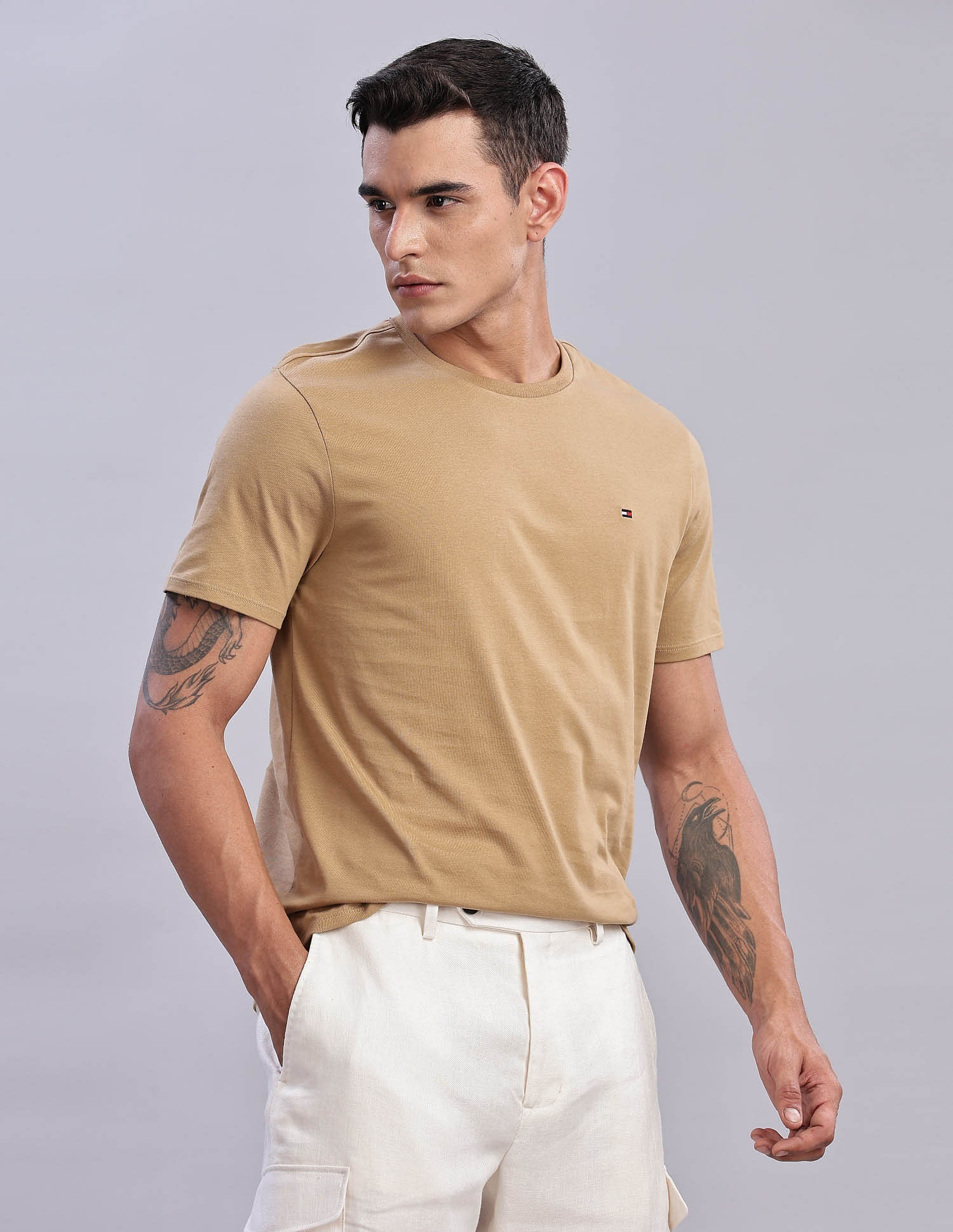 Tommy Hilfiger Mens Beige Solid T-Shirt