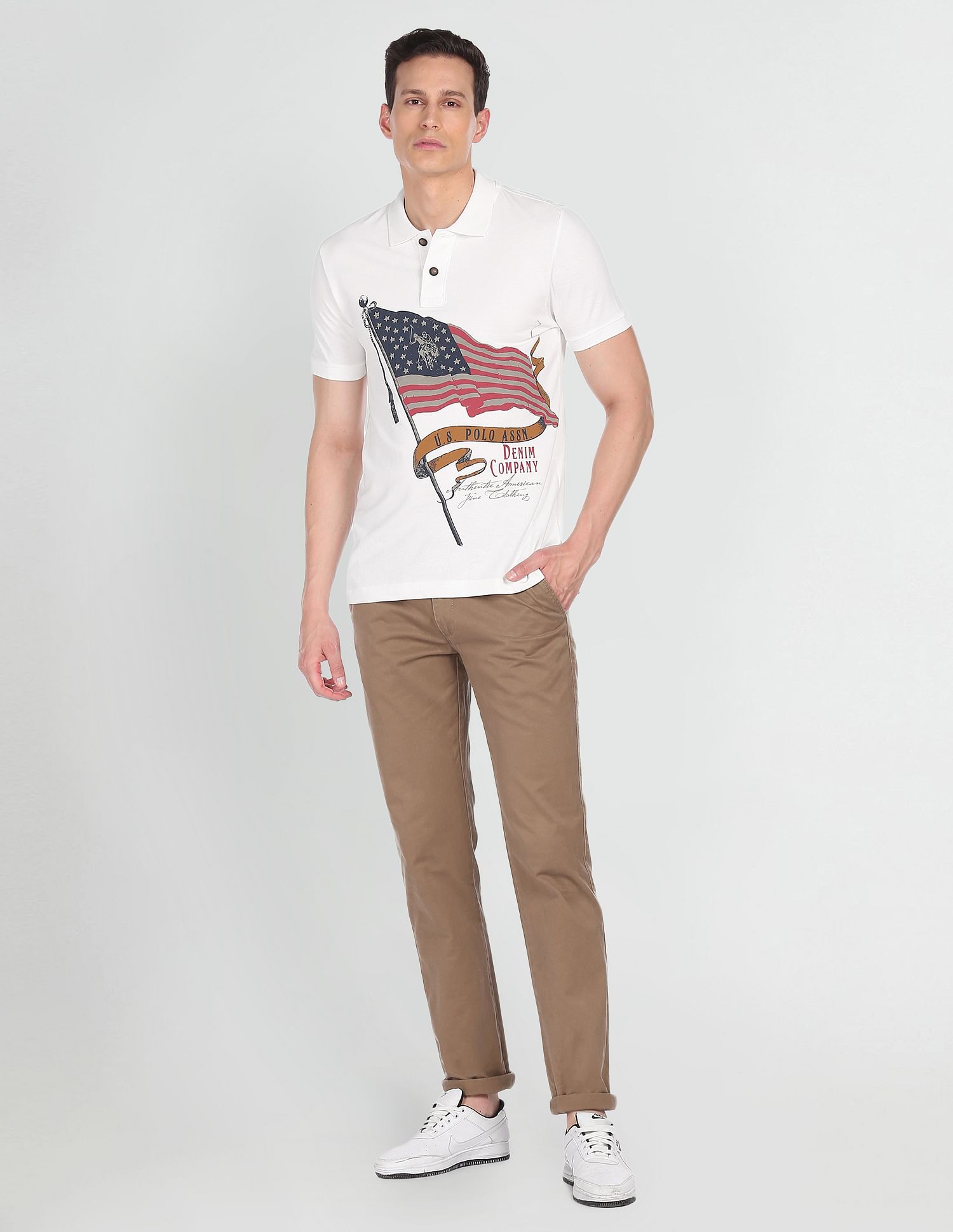 U.S. Polo Assn. Denim Co. Men Off White Brand Print Pique Polo Shirt