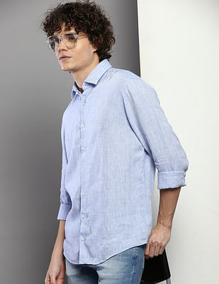 Calvin Klein Spread Collar Linen Slim Fit Casual Shirt