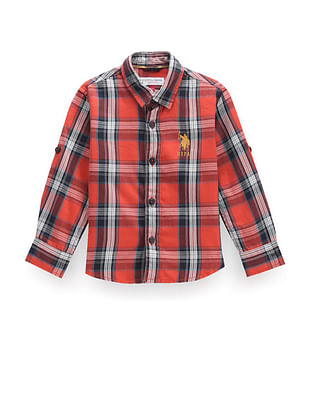 U S Polo Assn Kids Boys Plaid Check Super Slim Fit Shirt