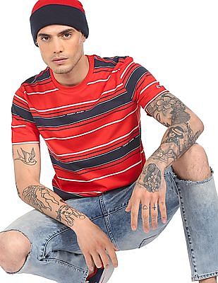 Tommy Hilfiger Men Red Crew Neck Brand Striped T-Shirt