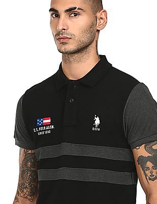 Buy . Polo Assn. Men Black Cotton Striped Polo Shirt 