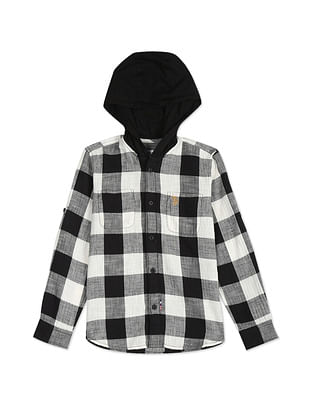 U S Polo Assn Kids Boys Hooded Buffalo Check Cotton Shirt