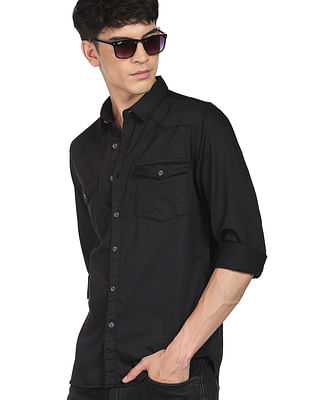 Flying Machine Solid Spread Collar Cotton Casual Shirt