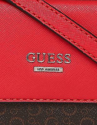 Buy GUESS Women Brown And Red Printed Romwell Top Zip Sling Bag