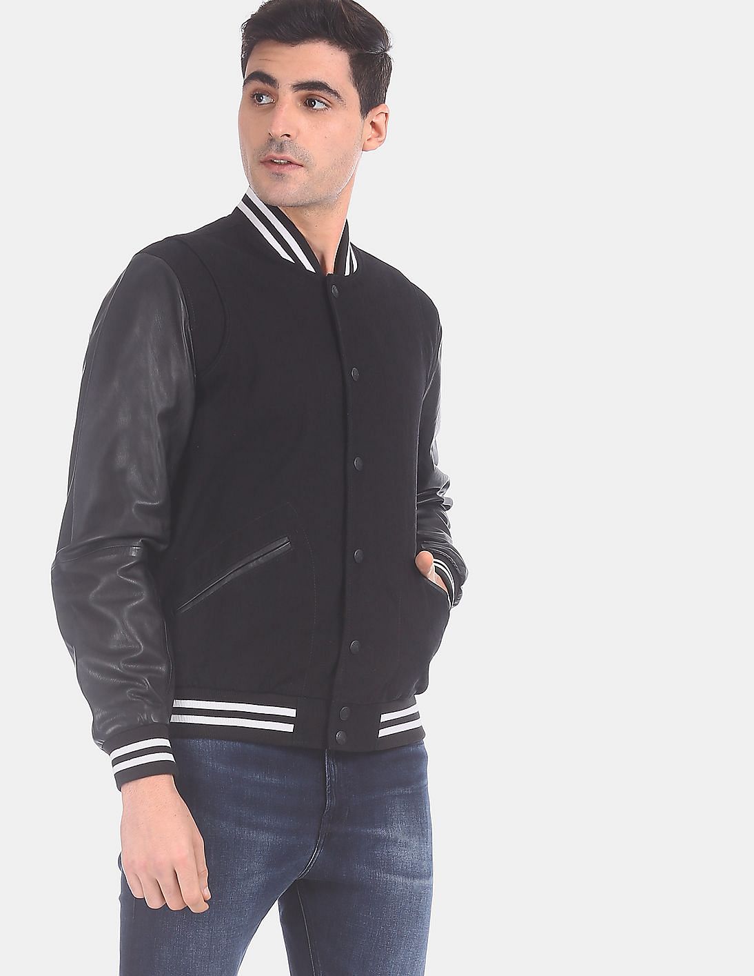 Buy Calvin Klein Men Black Long Sleeve Mix Media Varsity Leather Jacket ...