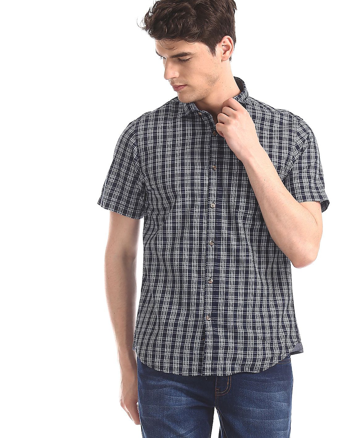 Buy Men Blue Semi Cutaway Collar Check Shirt online at NNNOW.com