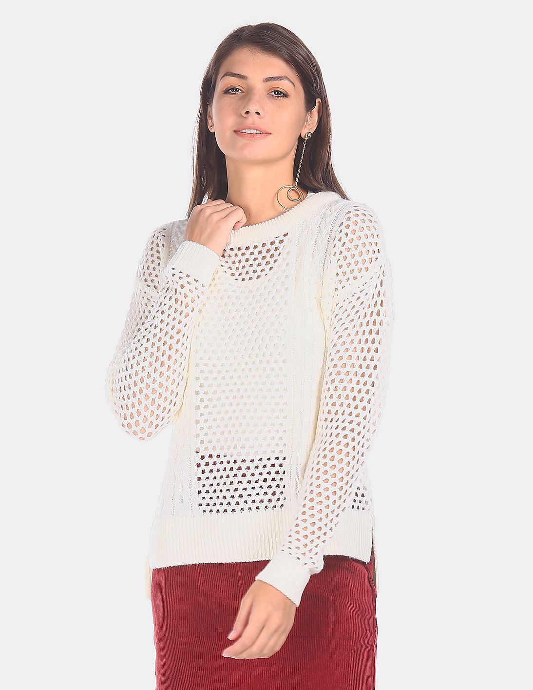 Buy Aeropostale Women Off White Round Neck Open Knit Sweater