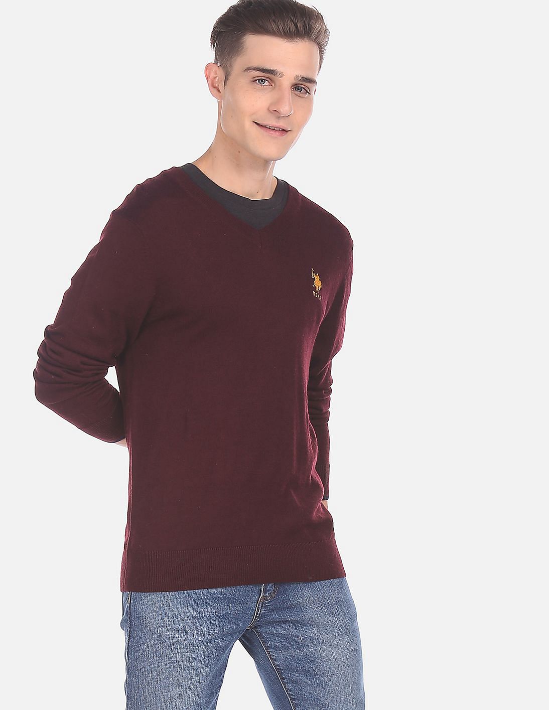 Buy U.S. Polo Assn. Men Wine V-Neck Solid Sweater - NNNOW.com