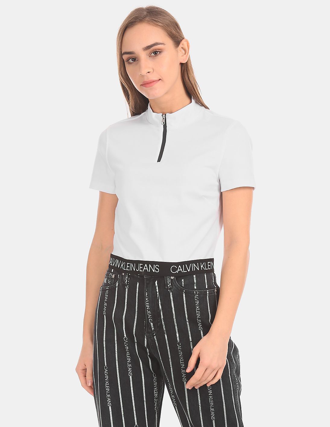 Buy Calvin Klein Women White Elasticized Hem Half Zip T